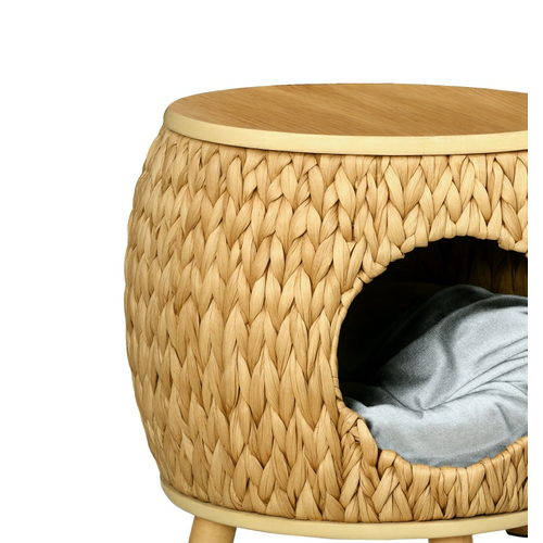Maison Pour Chat En Herbe D'eau 44x43x42 Cm, Structure Bois Et Métal, Coussin Flanelle Lavable
