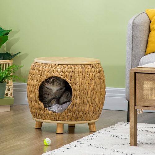 Maison Pour Chat En Herbe D'eau 44x43x42 Cm, Structure Bois Et Métal, Coussin Flanelle Lavable