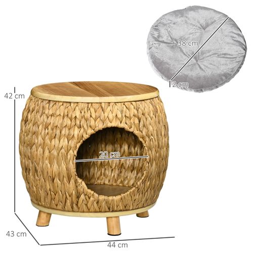 Maison Pour Chat En Herbe D'eau 44x43x42 Cm, Structure Bois Et Métal, Coussin Flanelle Lavable