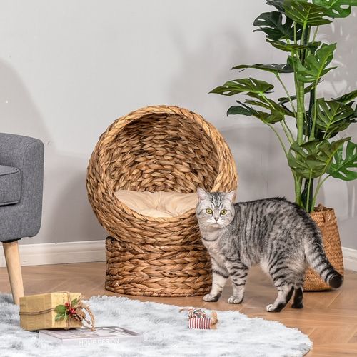 Panier Pour Chat Sur Pied 50 X 42 X 60 Cm En Jacinthe D'eau, Coussin Amovible Lavable