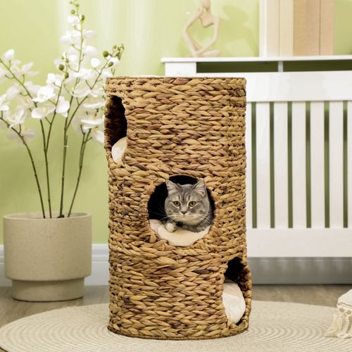 Lit Pour Chat 40 X 73 Cm En Jacinthe D'eau Tressée, 3 Niches Avec Coussins Amovibles