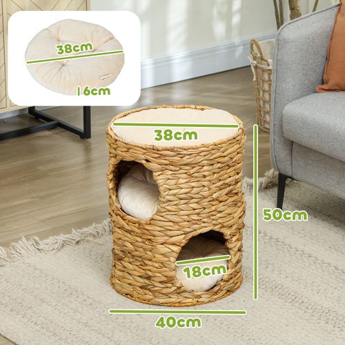 Tour à Griffer Pour Chat 40x50 Cm En Jacinthe D'eau Brun, 2 Niches Avec Coussins Amovibles