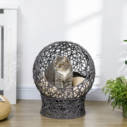 Lit Pour Chat 50x50x60 Cm En Polyester Gris, Siège Surélevé Avec Coussin En Coton Amovible
