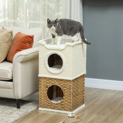 Tour à Chat 3 Niveaux 41x41x75,5 Cm En Bois Crème Avec Peluche, 2 Coussins Et Griffoir Sisal