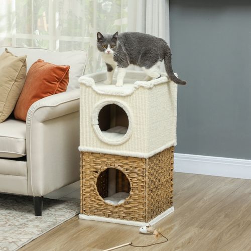 Tour à Chat 3 Niveaux 41x41x75,5 Cm En Bois Crème Avec Peluche, 2 Coussins Et Griffoir Sisal