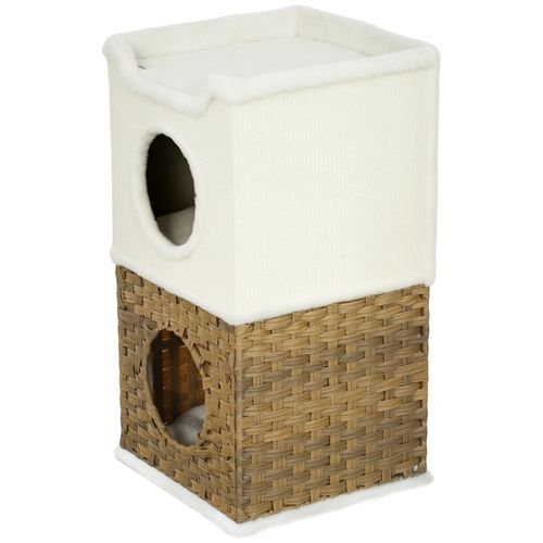 Tour à Chat 3 Niveaux 41x41x75,5 Cm En Bois Crème Avec Peluche, 2 Coussins Et Griffoir Sisal