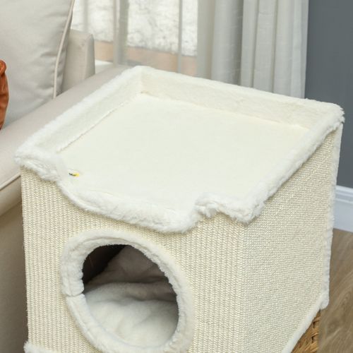 Tour à Chat 3 Niveaux 41x41x75,5 Cm En Bois Crème Avec Peluche, 2 Coussins Et Griffoir Sisal