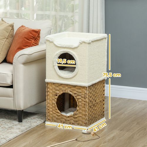 Tour à Chat 3 Niveaux 41x41x75,5 Cm En Bois Crème Avec Peluche, 2 Coussins Et Griffoir Sisal