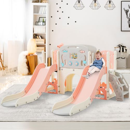 Toboggan 8-en-1 Jeu Intérieur Pour Enfants, Toboggan Double, Tunnel, Panier De Basket, Rose