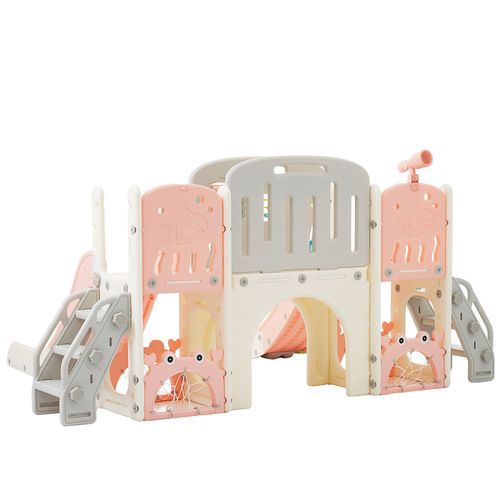 Toboggan 8-en-1 Jeu Intérieur Pour Enfants, Toboggan Double, Tunnel, Panier De Basket, Rose