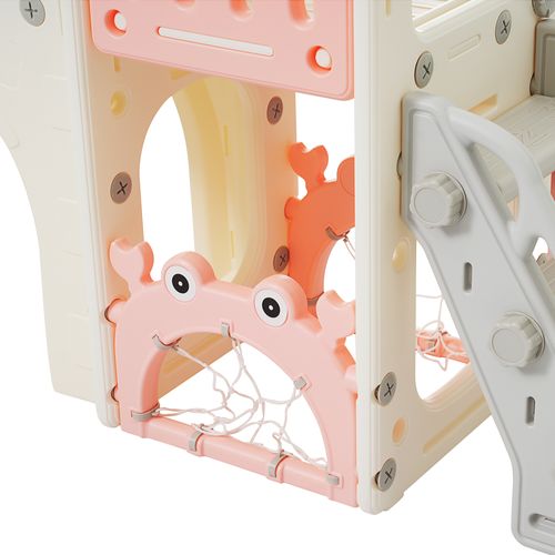 Toboggan 8-en-1 Jeu Intérieur Pour Enfants, Toboggan Double, Tunnel, Panier De Basket, Rose