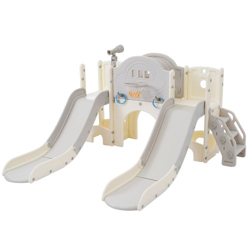 Toboggan 200x165x95 Cm 8-en-1 Aire De Jeu Enfant En Hdpe Gris Antique/blanc, 2 Toboggans