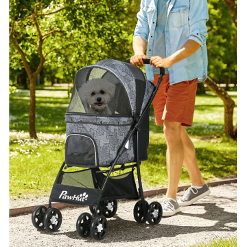 Poussette Pour Chien Grande 81x48x99 Cm En Polyester Noir, Pliable Avec Panier De Rangement