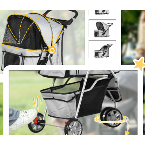 Poussette Pour Chien Grande 81x48x99 Cm En Polyester Noir, Pliable Avec Panier De Rangement