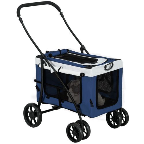 Poussette Pour Chien 81x58x97,5 Cm — Panier Amovible En Polyester Bleu, Pliable Et Ventilée