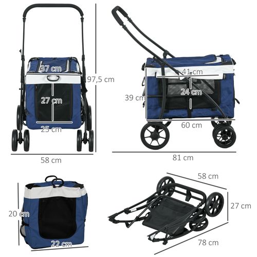 Poussette Pour Chien 81x58x97,5 Cm — Panier Amovible En Polyester Bleu, Pliable Et Ventilée