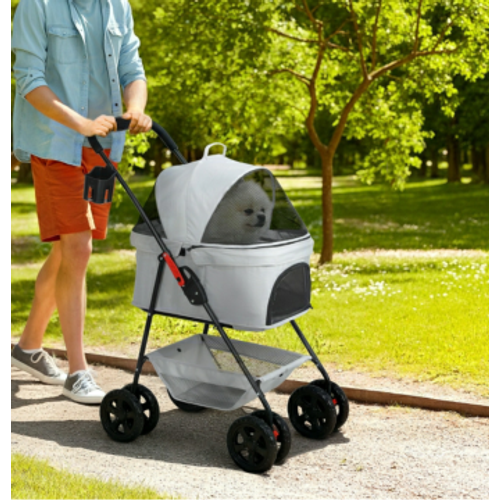 Poussette 3-en-1 Pour Petits Chiens Et Chats ≤35 Cm, 4 Kg — Pliage Une Main, Polyester Gris Clair