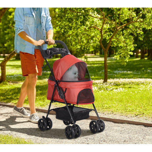 Poussette Pour Petit Chien 67x45x96 Cm En Tissu Oxford Rouge, Pliable, Roues 360° Avec Freins