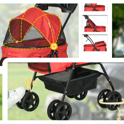 Poussette Pour Petit Chien 67x45x96 Cm En Tissu Oxford Rouge, Pliable, Roues 360° Avec Freins