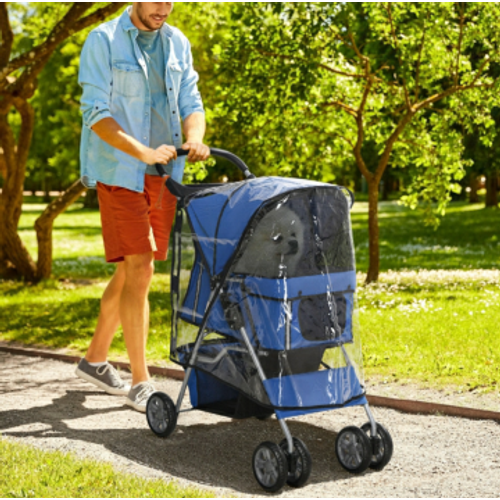 Poussette Pour Chien Pliable 75x45x97 Cm En Tissu Oxford Bleu, Capacité 10 Kg, Panier Intégré