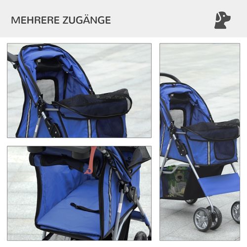 Poussette Pour Chien Pliable 75x45x97 Cm En Tissu Oxford Bleu, Capacité 10 Kg, Panier Intégré