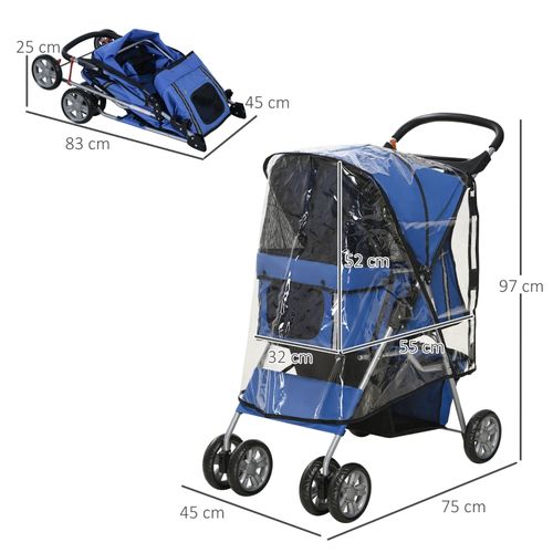 Poussette Pour Chien Pliable 75x45x97 Cm En Tissu Oxford Bleu, Capacité 10 Kg, Panier Intégré