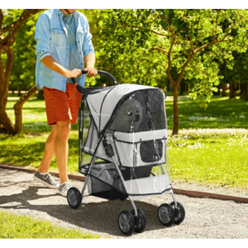 Poussette Petit Chien 75x45x97 Cm Tissu Oxford Gris, Pliable, Panier Et 2 Porte-gobelets