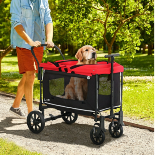 Poussette Pour Chien 110x65x102 Cm, Pliable, Jusqu'à 30 Kg, Toit Réglable 6 Positions, Rouge