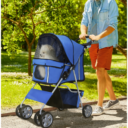 Poussette Pour Animaux 35 Cm, Pliable 2 Fois, Tissu Oxford Bleu Et Filet Anti-insectes