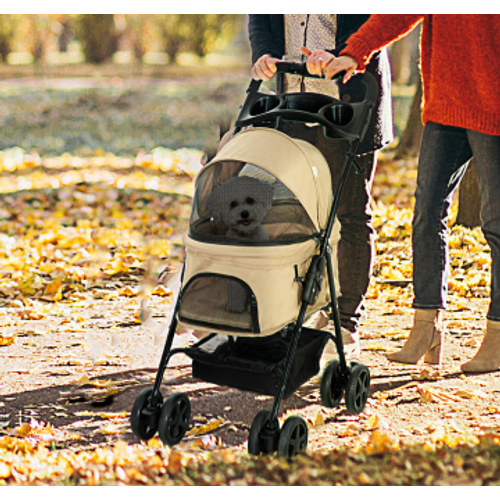 Poussette Pour Petit Chien 67x45x96 Cm En Tissu Oxford Kaki, Pliable, 4 Roues Pivotantes Avec Freins