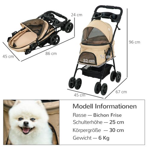 Poussette Pour Petit Chien 67x45x96 Cm En Tissu Oxford Kaki, Pliable, 4 Roues Pivotantes Avec Freins