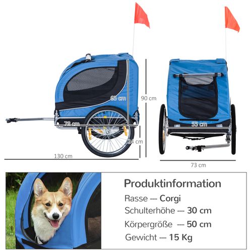 Remorque Vélo Pour Chien 130x73x90 Cm En Oxford Bleu, Structure Acier Et Pneus à Air