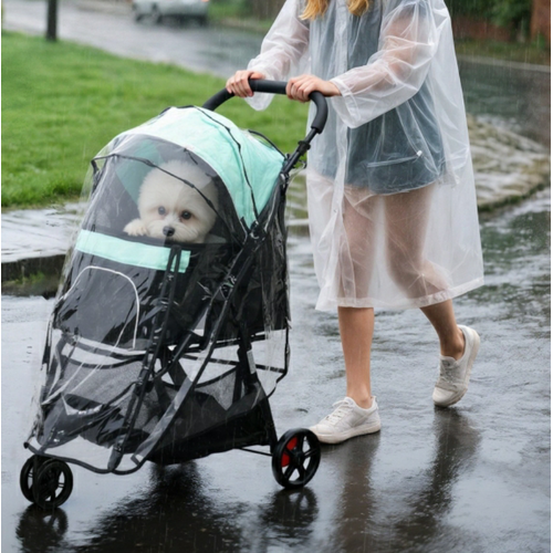 Poussette Pour Chien Pliable 80,5x51,5x100 Cm En Polyester Vert Avec Housse Pluie Et Grand Panier