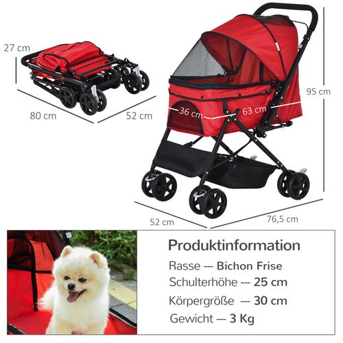 Pour Petit Chien 76,5x52x95 Cm — Poussette Rouge En Polyester, Pliable Et Ventilée