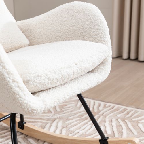 Chaise Berçante En Tissu Teddy Avec Accoudoirs, Coussin Lombaire Et Lames En Bois, Blanc