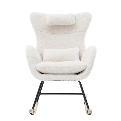 Chaise Berçante En Tissu Teddy Avec Accoudoirs, Coussin Lombaire Et Lames En Bois, Blanc