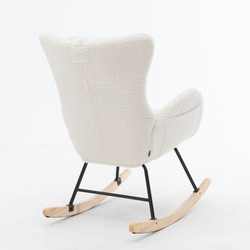 Chaise Berçante En Tissu Teddy Avec Accoudoirs, Coussin Lombaire Et Lames En Bois, Blanc