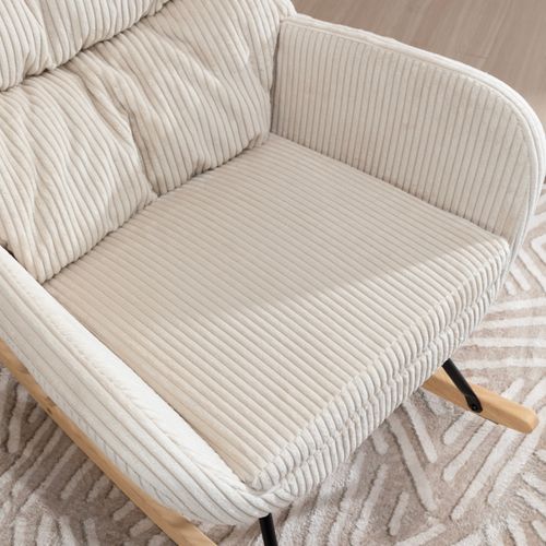 Chaise Berçante En Velours Côtelé Avec Assise Rembourrée Et Pieds En Bois, Écru