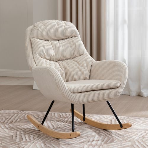 Chaise Berçante En Velours Côtelé Avec Assise Rembourrée Et Pieds En Bois, Écru