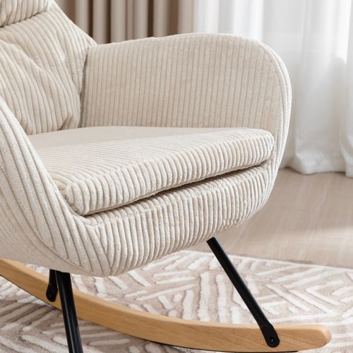 Chaise Berçante En Velours Côtelé Avec Assise Rembourrée Et Pieds En Bois, Écru
