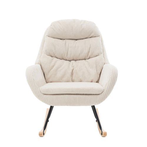 Chaise Berçante En Velours Côtelé Avec Assise Rembourrée Et Pieds En Bois, Écru