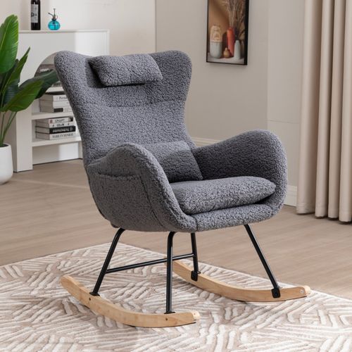 Chaise Berçante à Dossier Haut Avec Coussin D’appui-tête Ajustable Et Cadre En Bois Massif, Gris