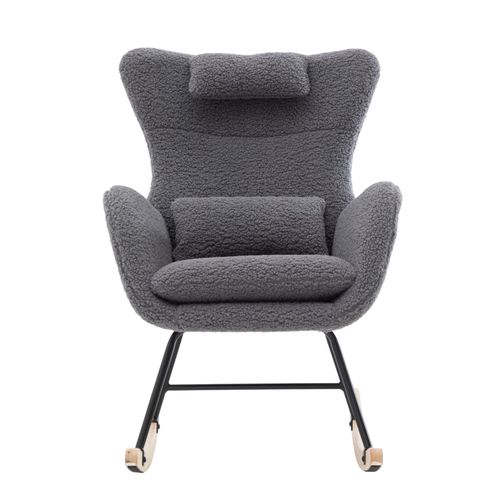 Chaise Berçante à Dossier Haut Avec Coussin D’appui-tête Ajustable Et Cadre En Bois Massif, Gris