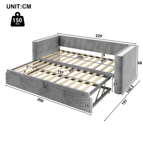 lit gigogne 90x200 Cm Avec Structure Convertible En 180x200 Cm Velours Gris