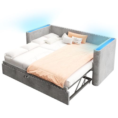 lit gigogne 90x200 Cm Avec Structure Convertible En 180x200 Cm Velours Gris