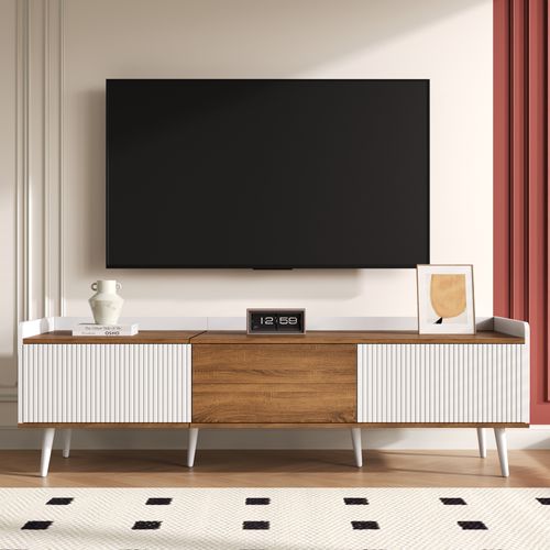 Meuble TV 3 Portes, Compact, Finition Blanche Et Bois Naturel, H 49,5 Cm / L 160 Cm / P 39 Cm