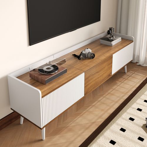 Meuble TV 3 Portes, Compact, Finition Blanche Et Bois Naturel, H 49,5 Cm / L 160 Cm / P 39 Cm