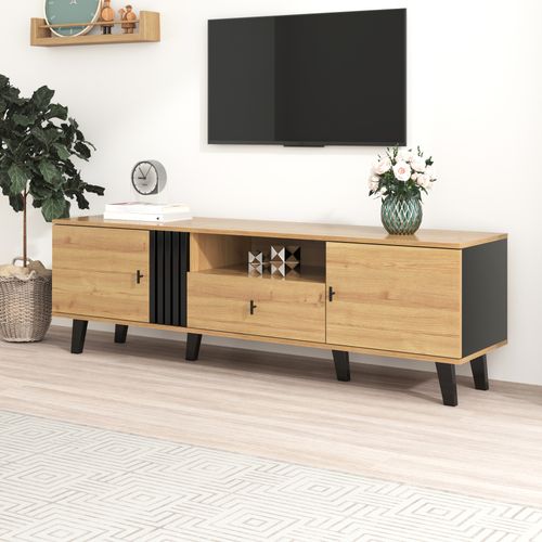 Meuble TV Élégant (170 Cm) Avec Design Bois Et Noir,lowboard Avec Tiroirs,nombreuses Fonctions
