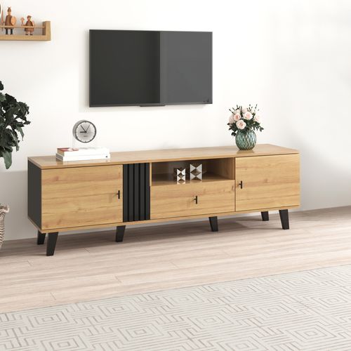 Meuble TV Élégant (170 Cm) Avec Design Bois Et Noir,lowboard Avec Tiroirs,nombreuses Fonctions