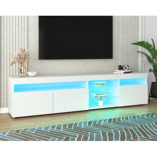 Meuble TV Moderne Blanc,panneau Lumineux,éclairage LED Variable,pour Salon Et Salle à Manger,180 Cm